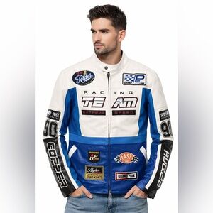 Racing Team Blue and White Faux Leather Jacket